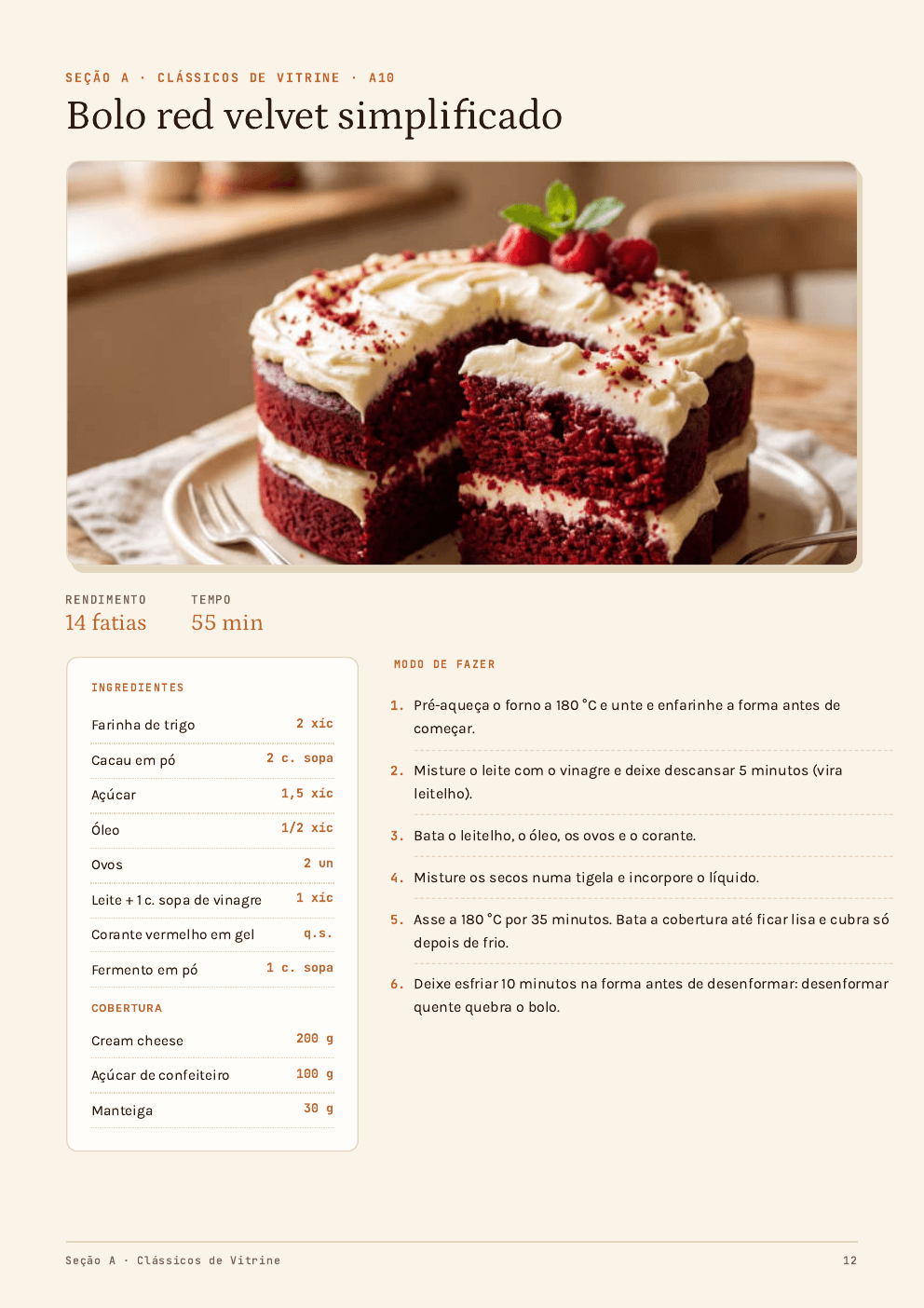 Página de exemplo do material, mostrando uma receita com foto, ingredientes e modo de fazer